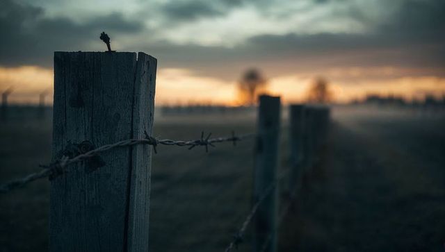 Weathered fence post with barbed wire at dusk