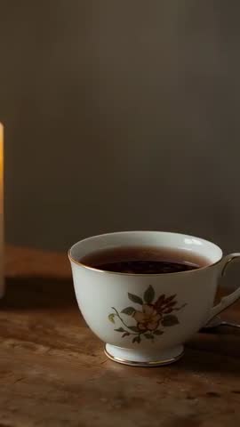 Pushing in on vintage porcelain teacup with dark tea and candlelight on wooden table