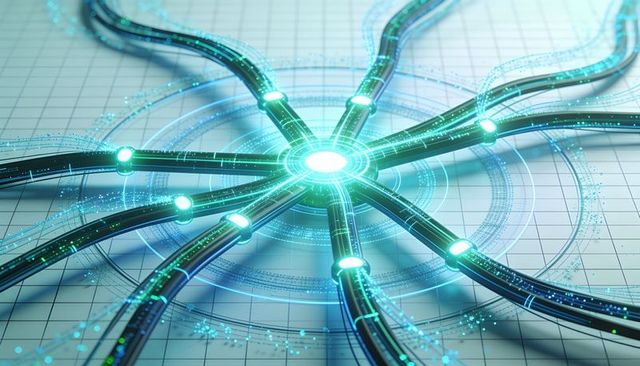 Glowing network hub connecting eight illuminated conduits on holographic grid