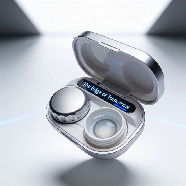 Futuristic silver contact lens case with oled display, magnetic screw cap, neon accent