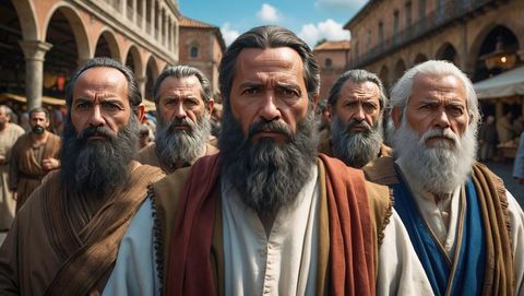 Historic bearded pharisees enrobed in ancient market square