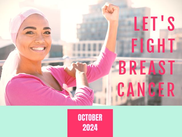 Confident woman embodied in pink background, celebrating breast cancer survivorship. Promotes awareness and empowerment for October 2024. Ideal for health campaigns, fundraising events, and educational materials.