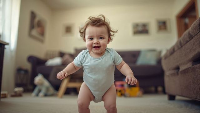 Curious Baby Taking First Steps in Cozy Living Room