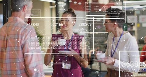 Team networking and collaborating with futuristic hud data overlay, woman holding coffee