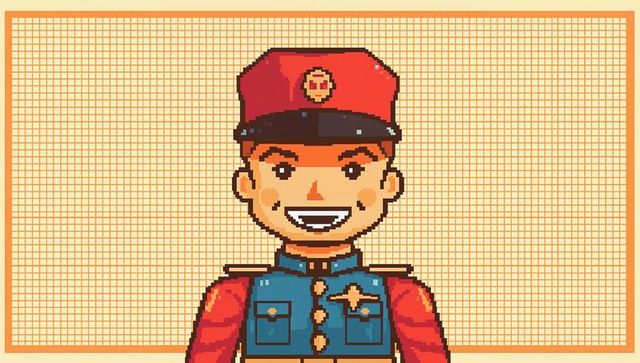 Smiling retro pixel soldier wearing red cap and blue tunic game avatar portrait
