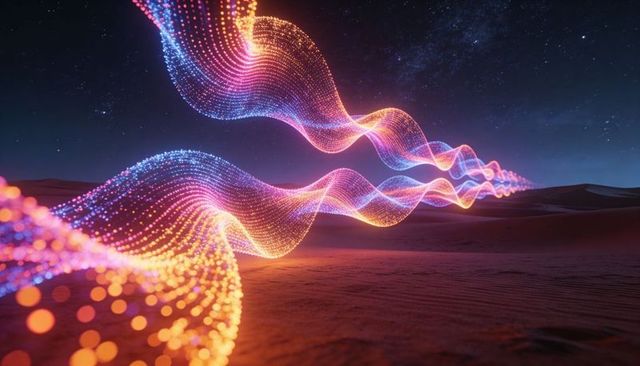 Neon particle ribbon waves traveling over desert dunes under starry cosmic night sky