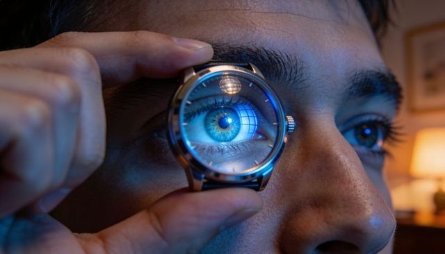 Inspecting eye through watch lens showing blue iris reflection and macro detail