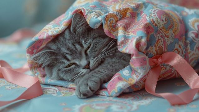 Fluffy gray cat snuggled in paisley bag with pink ribbons