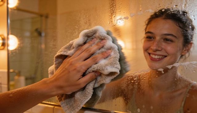 Smiling woman wiping bathroom mirror with soapy terry cloth towel in warm vanity light