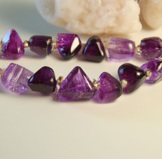 Close-up of an amethyst bracelet showcasing raw, unpolished stone beads with varied purple hues. Ideal for use in content related to jewelry design, earthy accessories, holistic and healing crystals, nature materials, or fashion articles focused on gemstone wear.