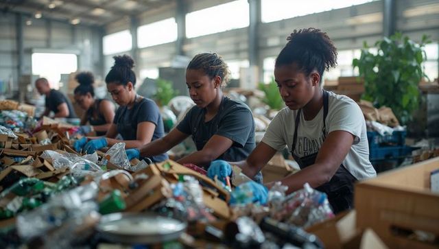 Warehouse team sorting recyclables on conveyor wearing blue gloves in sunlit facility