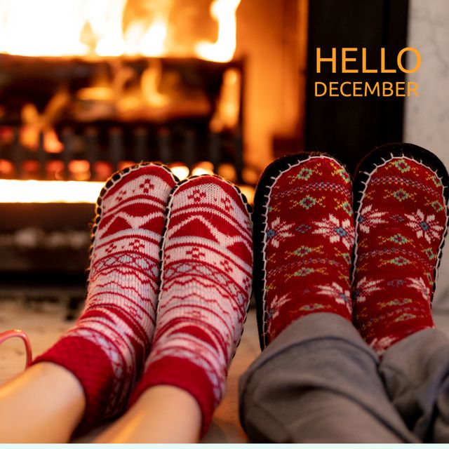 Socks featuring festive patterns, keeping warm by fireplace, cozy atmosphere. Perfect for holiday cards, social media posts, Christmas promotions, December marketing campaigns, blogs about winter and seasonal activities.