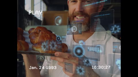 Baker Holding Fresh Bread with Holographic Interface