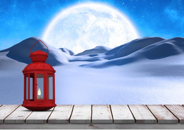 Red lantern glowing on wooden plank with moonlit snowy landscape in background. Ideal for holiday cards, winter-themed designs, Christmas decorations, serene nature scenes, and peaceful night illustrations.