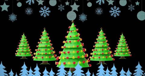 Festive Christmas Trees with Ornaments and Ice Blue Silhouettes