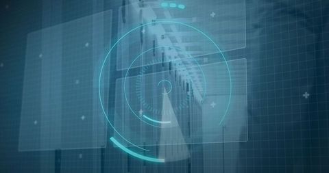 Futuristic data center with translucent user interface graphics