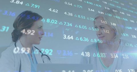 Healthcare Professionals Analyzing Data with Digital Financial Overlay