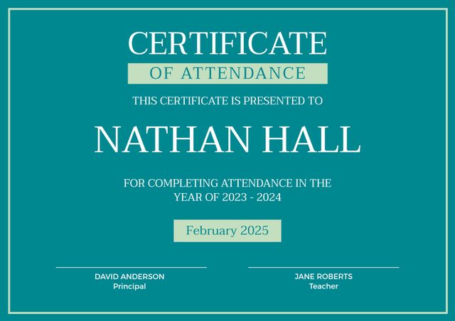 This elegant certificate of attendance template features a teal design, making it ideal for academic or professional achievements. It is customizable, allowing you to personalize the name, date, and signatures. Suitable for schools, universities, and corporate award ceremonies.