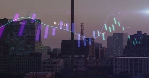 City skyline with neon financial chart overlay showing candlestick analytics at dusk