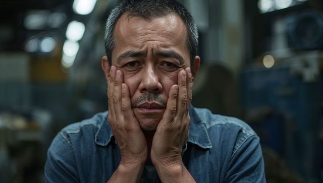 Midlife worker pressing hands to face in workshop portrait showing fatigue