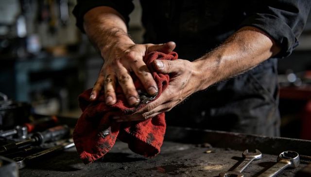 Mechanic wiping greasy hands with red rag on workbench with wrenches and tools