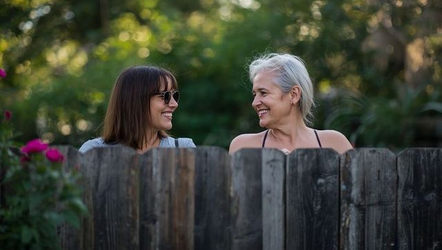 Two women chatting at fence with flowers in garden