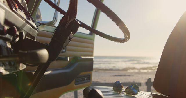 Vintage Car Interior with Sunglasses on Beach Trip - Download Free Stock Images Pikwizard.com