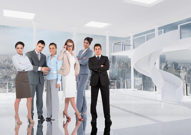 This stock photo showcases a group of confident business professionals standing together in a sleek, modern office space, suggesting unity and collaboration. Ideal for use in presentations, business blogs, corporate websites, and marketing materials to highlight themes of teamwork, professional atmosphere, and business success in a contemporary work setting.