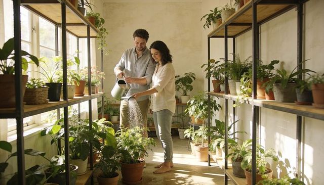 Couple watering houseplants in sunlit indoor plant room, caring for greenery together