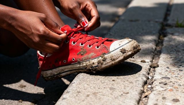 Tying muddy red canvas sneaker on curb with painted nails close-up urban streetwear detail