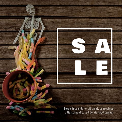 halloween sale: skeleton and candy art on rustic wood background - Download Free Stock Templates Pikwizard.com
