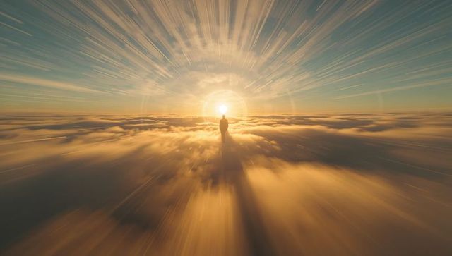 Standing figure facing sunrise above golden cloudscape casting long shadow and halo