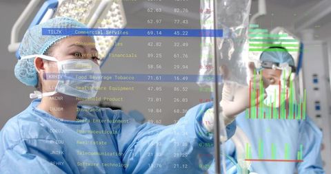 Healthcare Professionals in Hospital with Financial Data Overlay