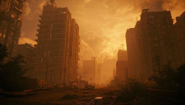 Desolate orange urban ruins at sunset with abandoned cars, cranes, scaffolding and rubble