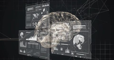 Holographic brain with data dashboards and network lines