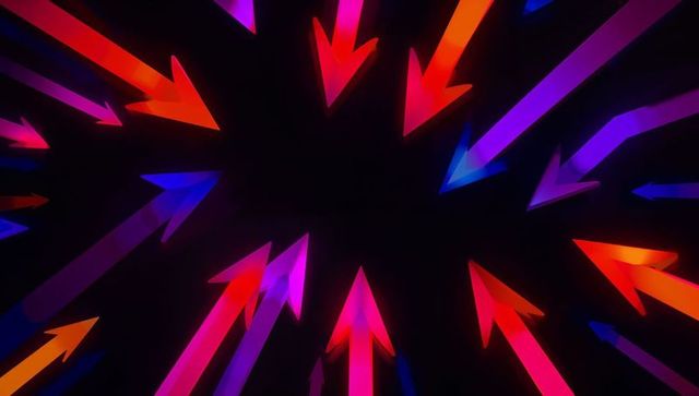 Vibrant neon arrows converging in digital space