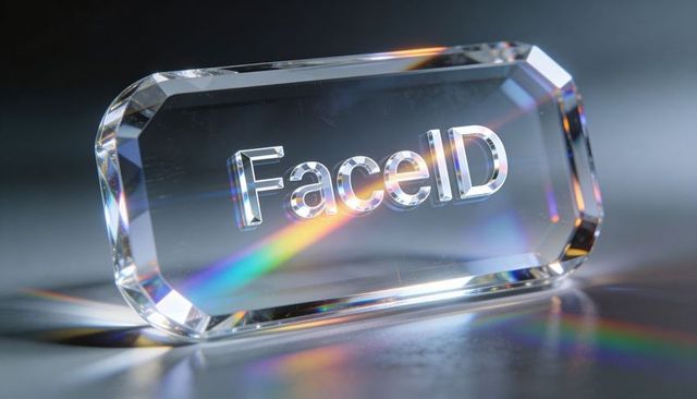 Crystal FaceID prism refracting rainbow light on faceted glass block with engraved text