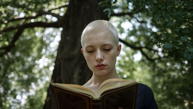 Bleached buzzcut reader in woodland canopy reading hardback book, solitary outdoor portrait