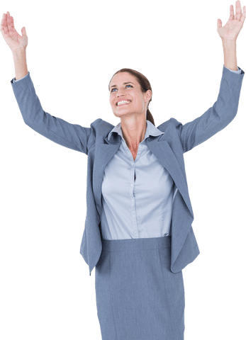Victorious businesswoman raising hands celebrating achievement transparent