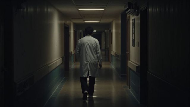 Walking doctor in white lab coat moving down dim hospital corridor with moody lighting