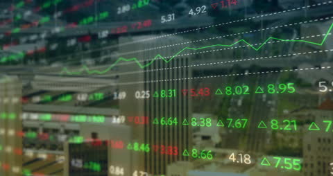 Dynamic Stock Market Animation Over Urban Cityscape