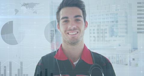 Smiling Young Doctor Overlaid with Digital Healthcare Data