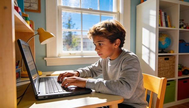 Sunlit home study: focused boy typing on laptop at desk for remote learning and homework