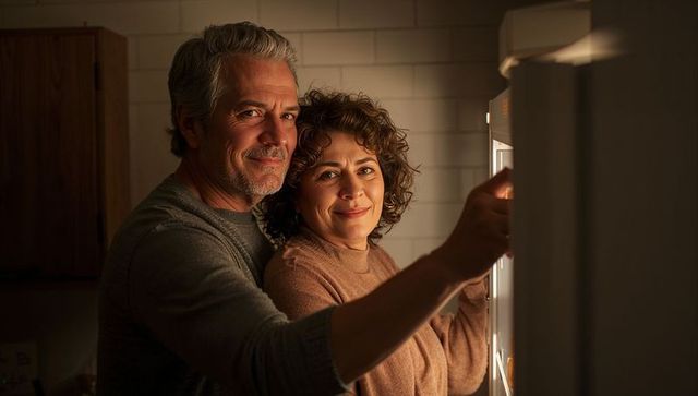 Middle-aged couple embracing and reaching into refrigerator glow, cozy kitchen intimacy