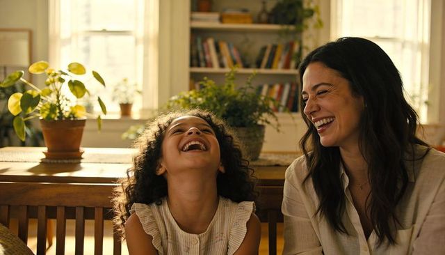 Mother and daughter laughing together at home, warm sunlit family bonding moment