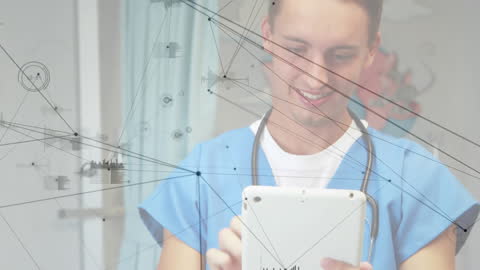 Smiling Male Doctor Using Tablet with Digital Data Overlay
