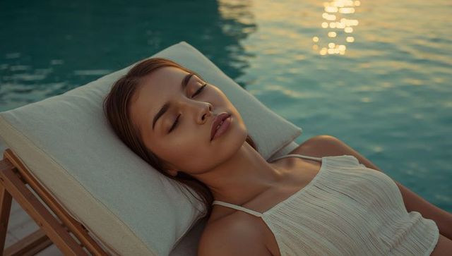 Reclining woman soaking in sunset glow on pool lounger, tranquil resort relaxation