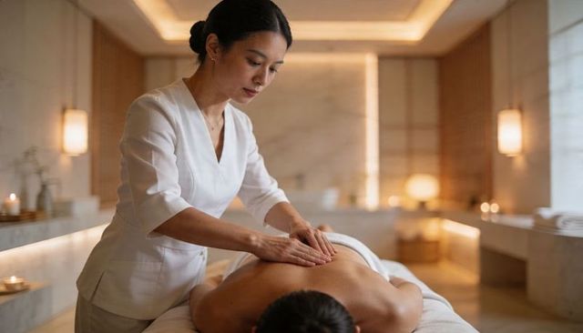 Therapist massaging back in spa with candles and marble interior, soft warm lighting