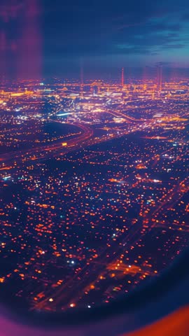 Plane descending over neon metropolis at night through cabin window | Vertical aerial landing footag