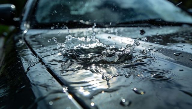Splash crown hitting shiny car hood creating ripples droplets and windshield reflections